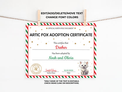 Santa's Official Artic Fox Adoption Certificate
