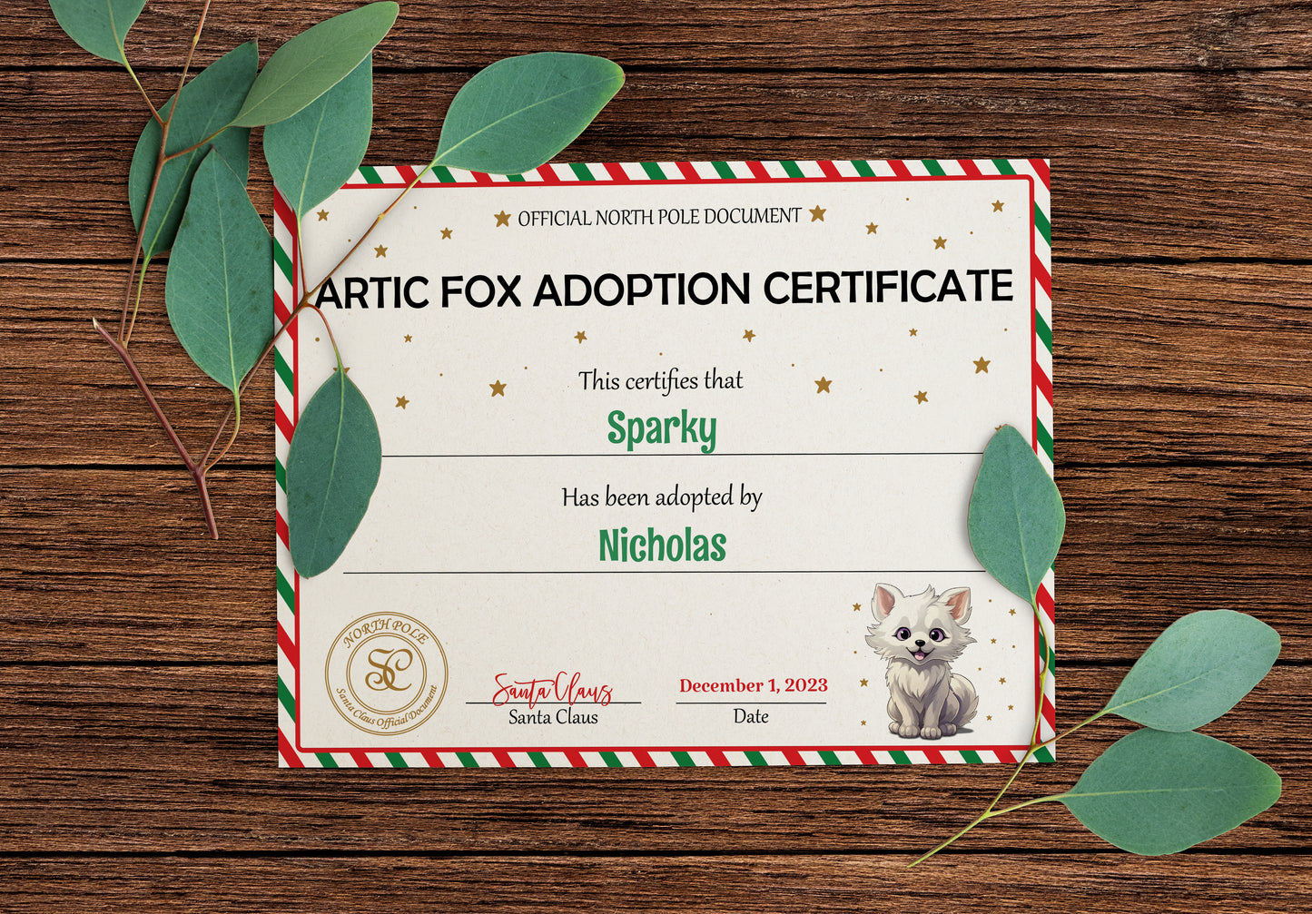 Santa's Official Artic Fox Adoption Certificate