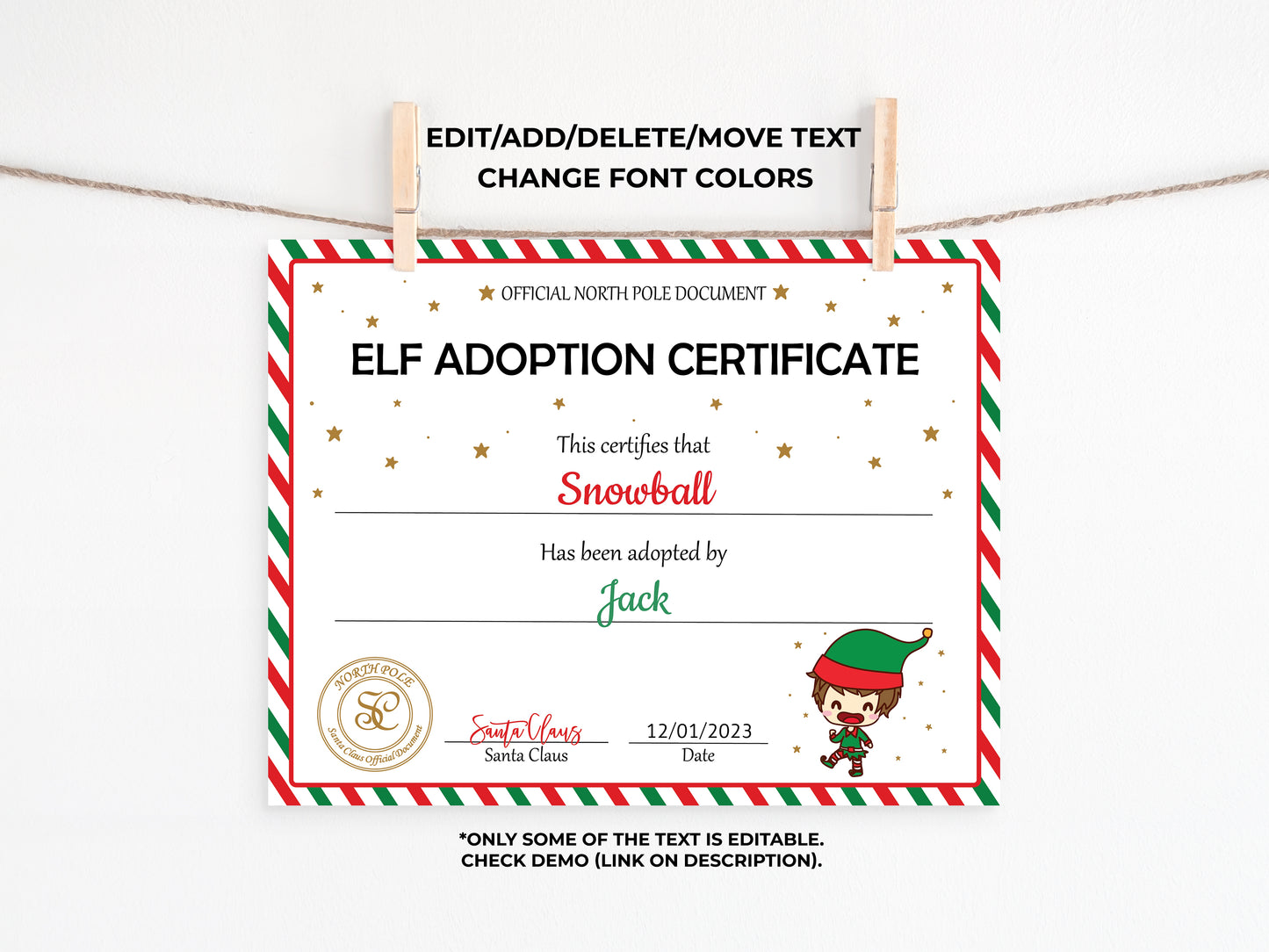 Santa's Official Elf Adoption Certificate for a boy