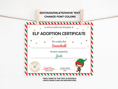 Santa's Official Elf Adoption Certificate for a boy