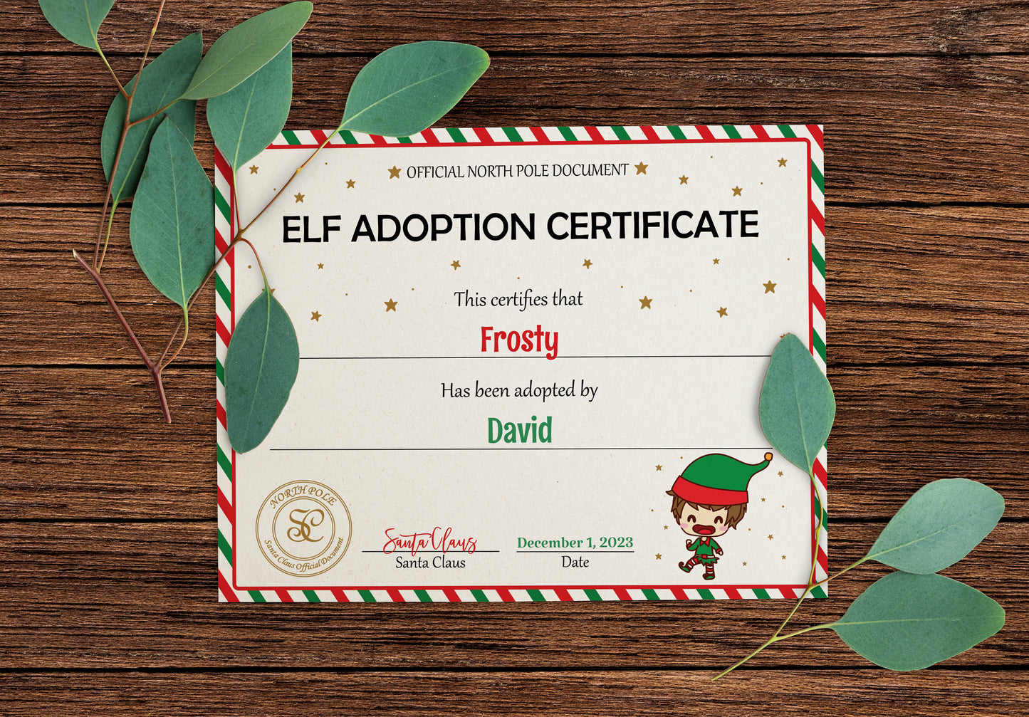 Santa's Official Elf Adoption Certificate for a boy