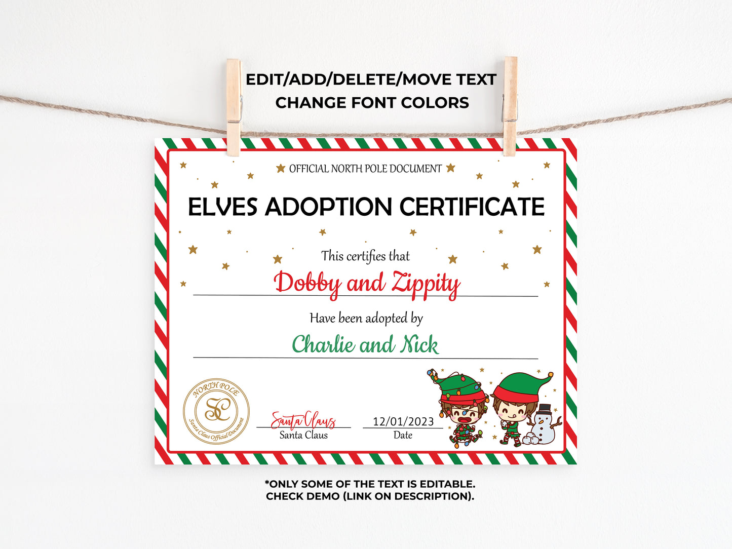Santa's Official Elves Adoption Certificate for boys