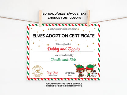 Santa's Official Elves Adoption Certificate for boys