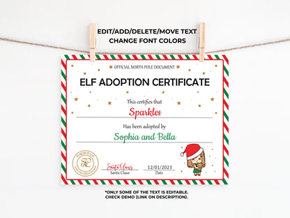 Santa's Official Elf Adoption Certificate for a girl.