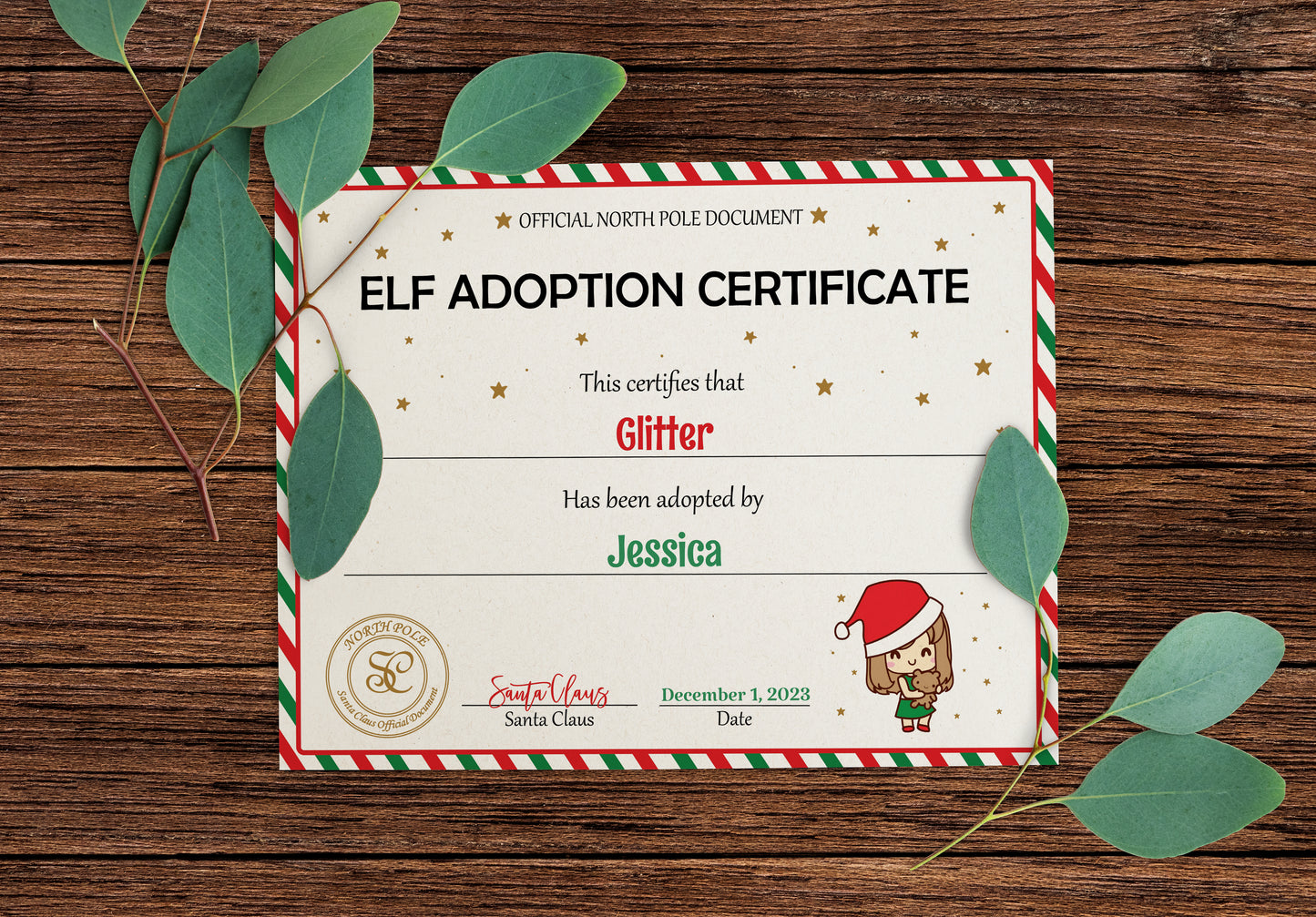 Santa's Official Elf Adoption Certificate for a girl.