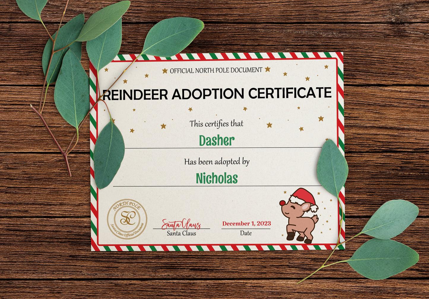 Santa's Official Reindeer Adoption Certificate
