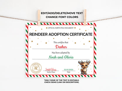 Santa's Official Reindeer Adoption Certificate