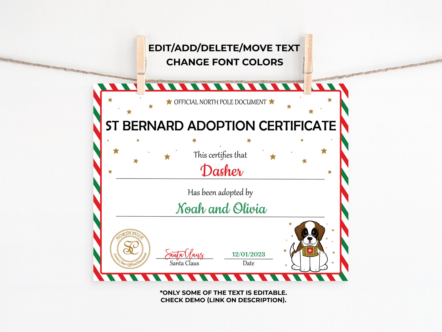 Santa's Official St Bernard Adoption Certificate