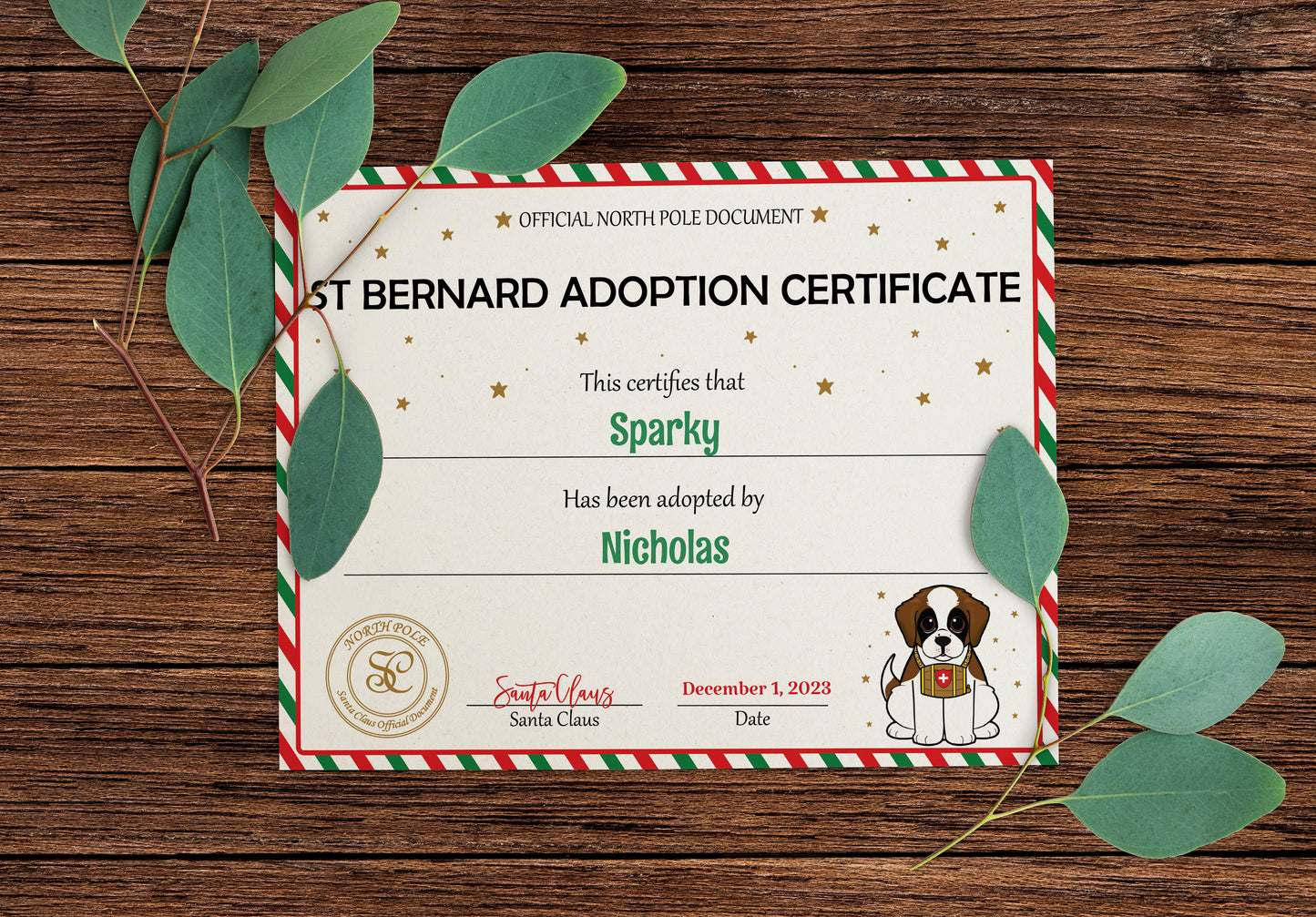 Santa's Official St Bernard Adoption Certificate