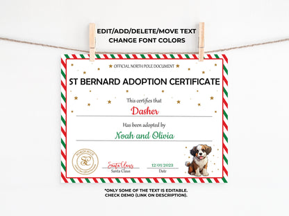 Santa's Official St Bernard Adoption Certificate