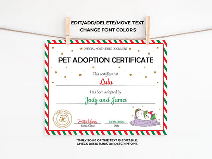 Santa's Official Pet Adoption Certificate
