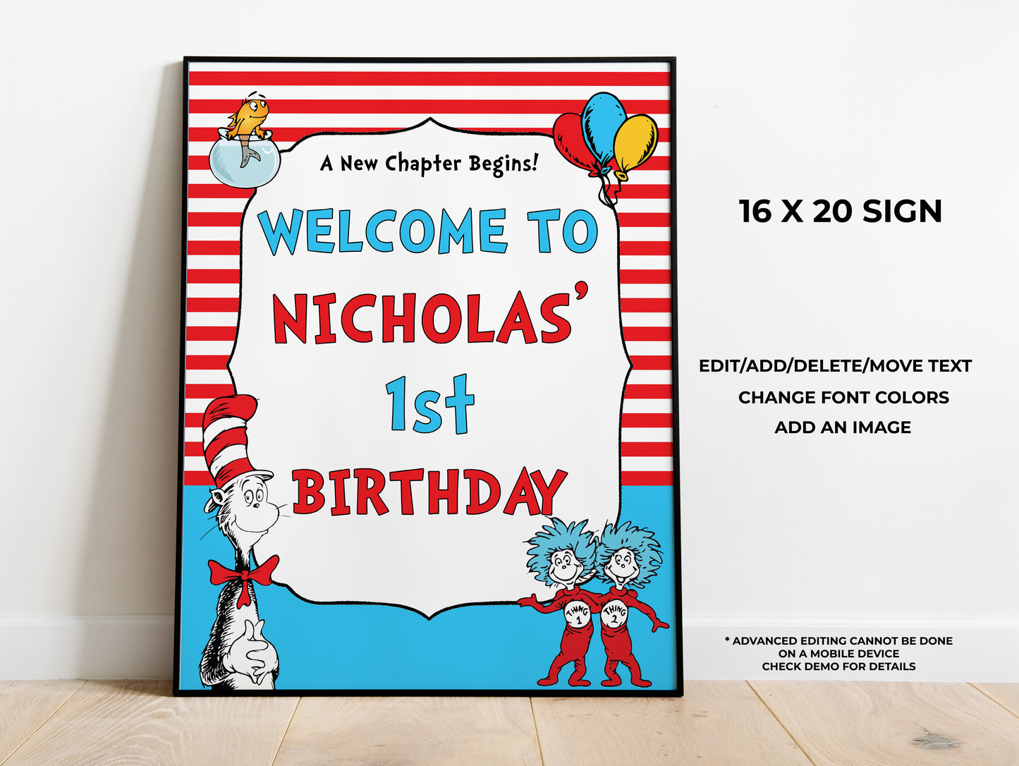Cat Hat Party Welcome Sign 16x20 inches
