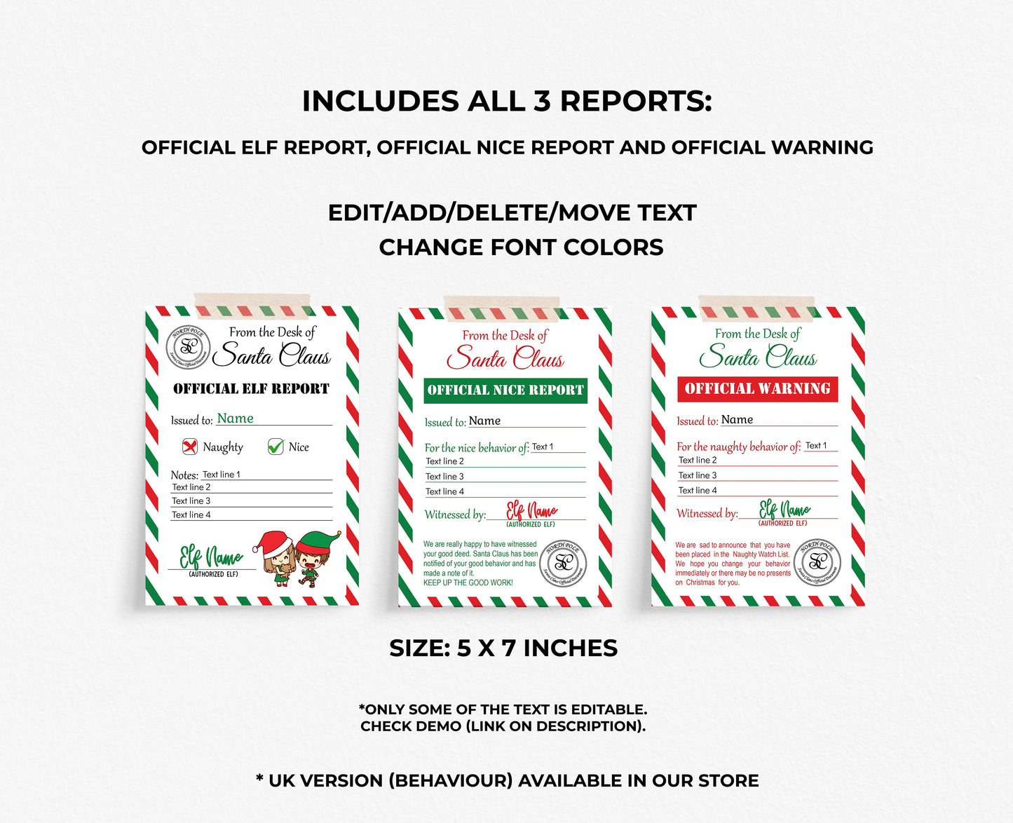 Santa's Official EDITABLE Elf Report for naughty or nice behavior. Includes ALL 3 Reports.