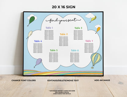 Hot Air Balloon Seating Chart 20 x 16 inches