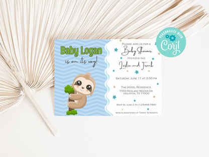 Baby Sloth blue Baby Shower Invitation Instant Digital Download