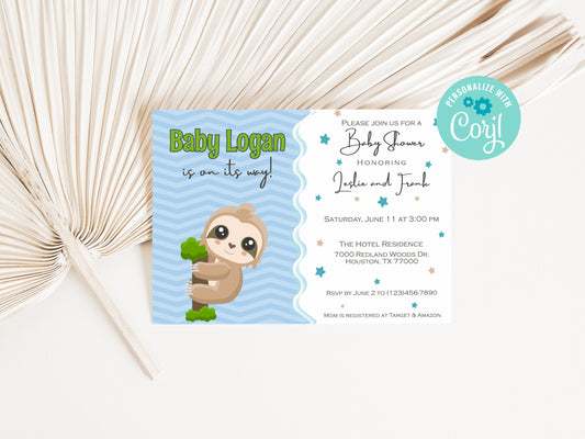 Baby Sloth blue Baby Shower Invitation Instant Digital Download