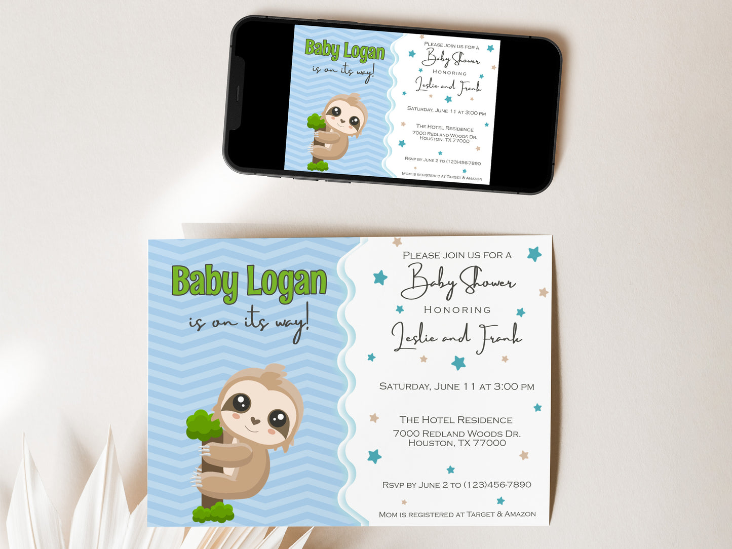 Baby Sloth blue Baby Shower Invitation Instant Digital Download
