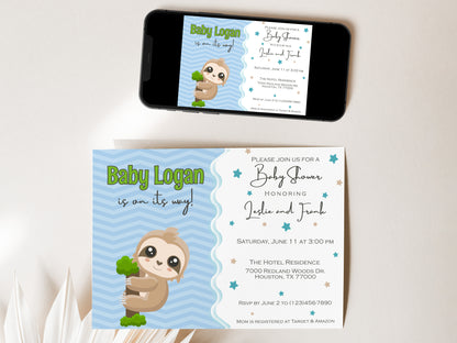 Baby Sloth blue Baby Shower Invitation Instant Digital Download