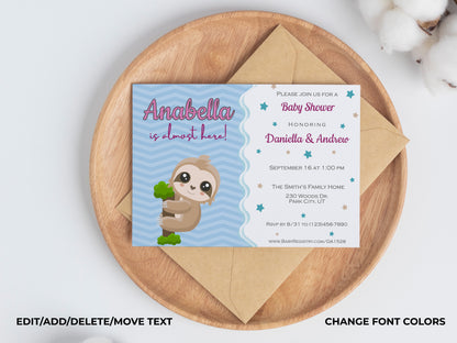 Baby Sloth blue Baby Shower Invitation Instant Digital Download