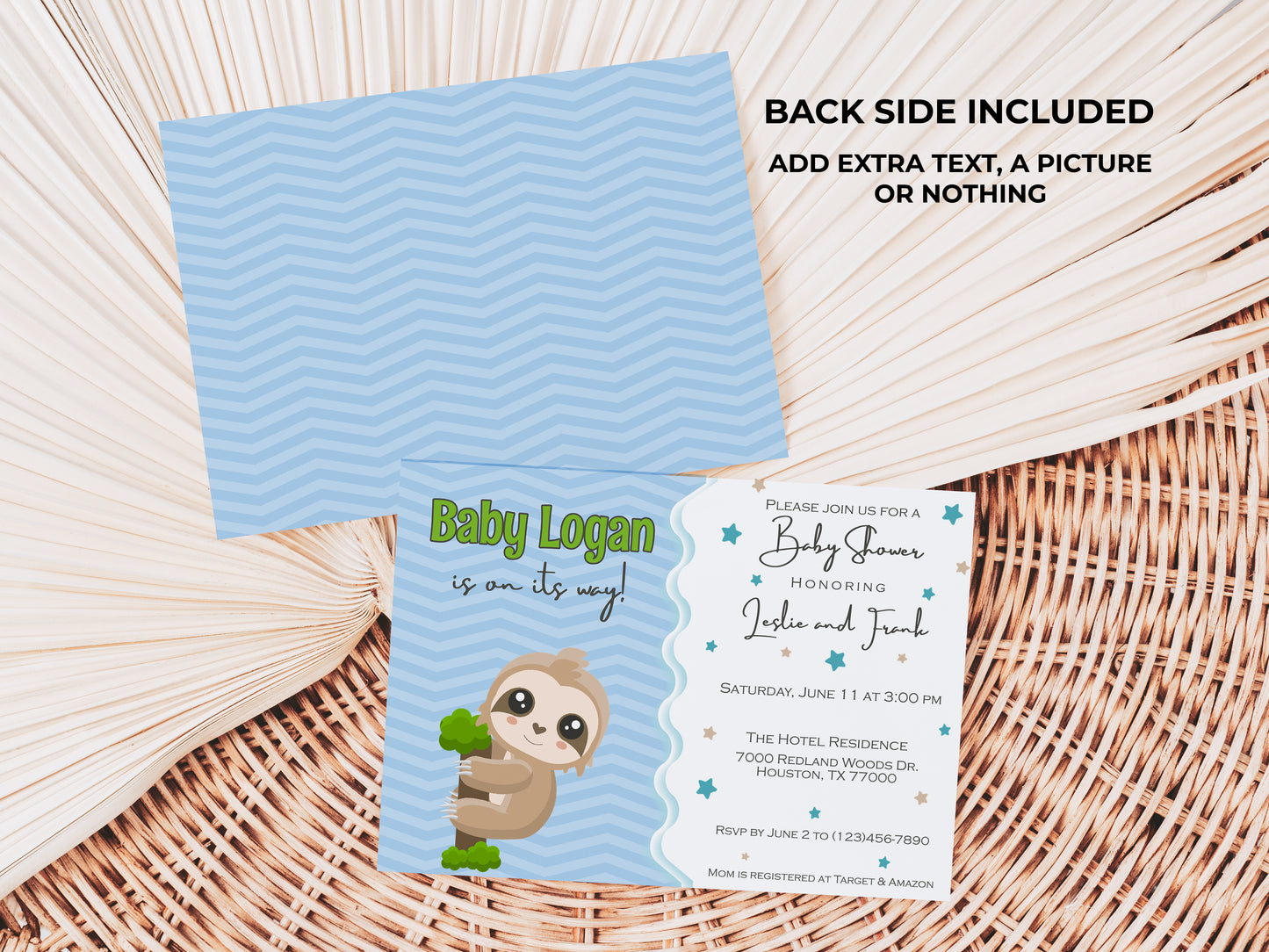 Baby Sloth blue Baby Shower Invitation Instant Digital Download