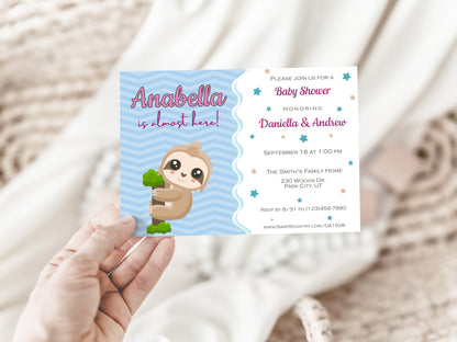 Baby Sloth blue Baby Shower Invitation Instant Digital Download