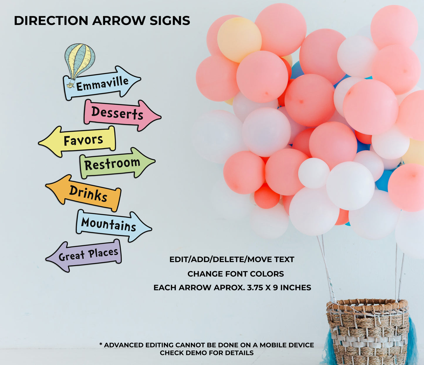 Hot Air Balloon Editable Street Signs Directional Arrows Sign
