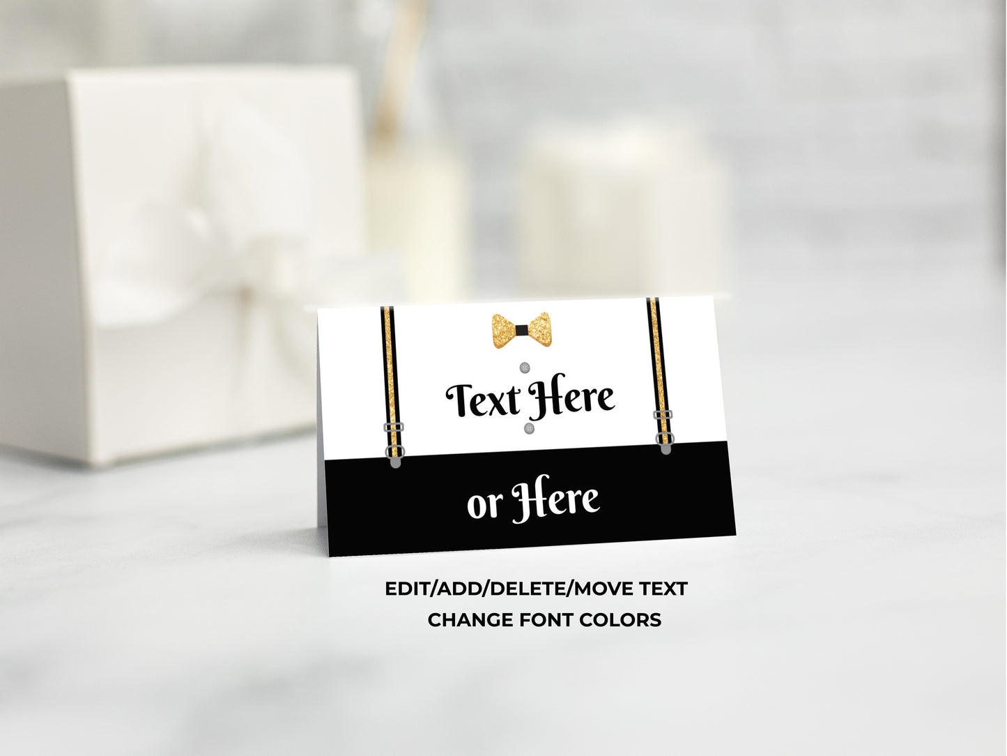 Little Gentleman Baby Shower Food Tent Labels - Little Gentleman Tuxedo Bowtie Baby Shower Place cards 3.5 x 2 inches when folded in half