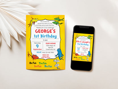 One Fish Two Fish Birthday Party Invitation Editable Instant Digital Download