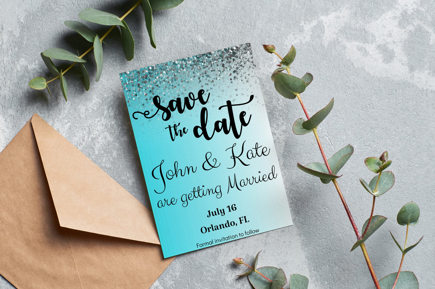 Save the Date Aqua Invitation for Quinceañera, Sweet 16, Wedding, Birthday