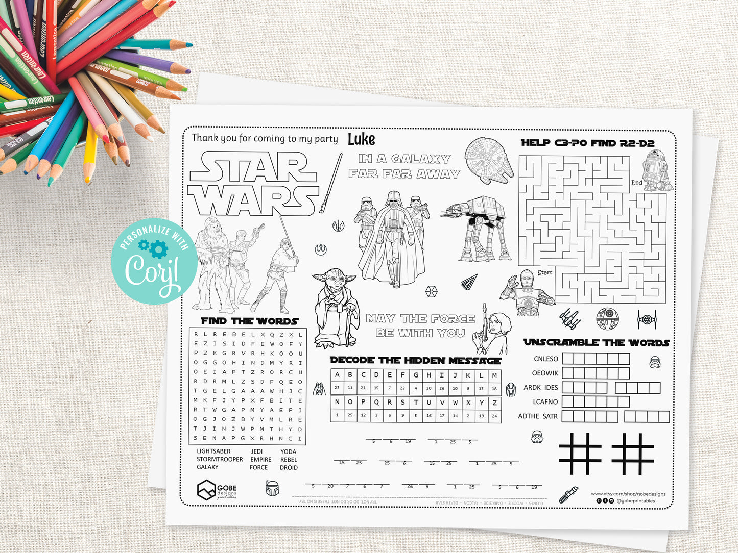 Star Wars Original Trilogy Activity Sheet Placemat.
